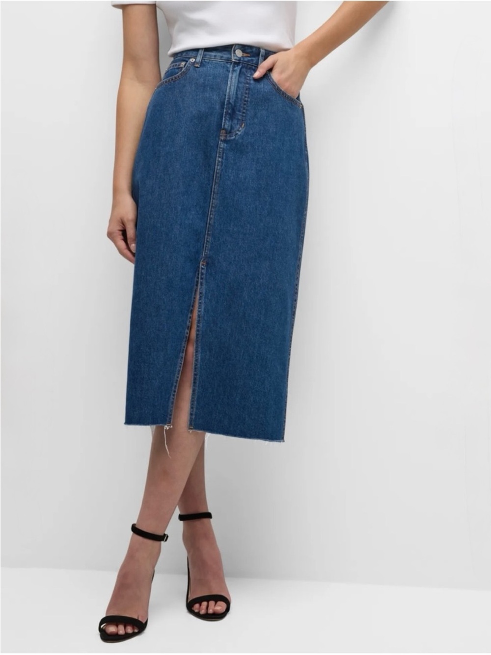 Veronica Beard Blue Denim Midi Pencil Skirt with Center Front Slit